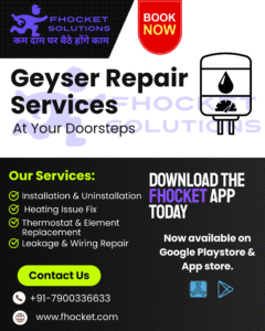 Professional technician performing gas geyser repair at home booked via Fhocket App"